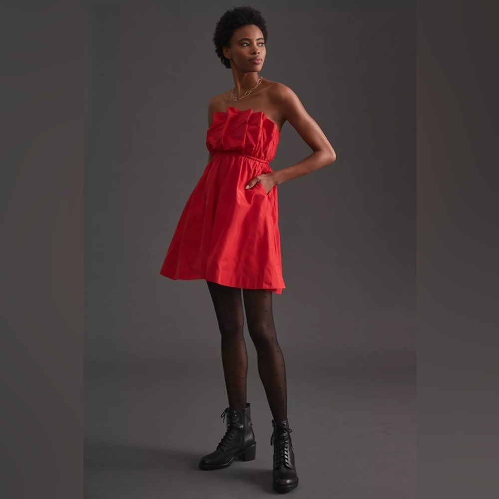 Anthropologie Ruffled Taffeta Mini Dress Size XL‎ Red w Pockets